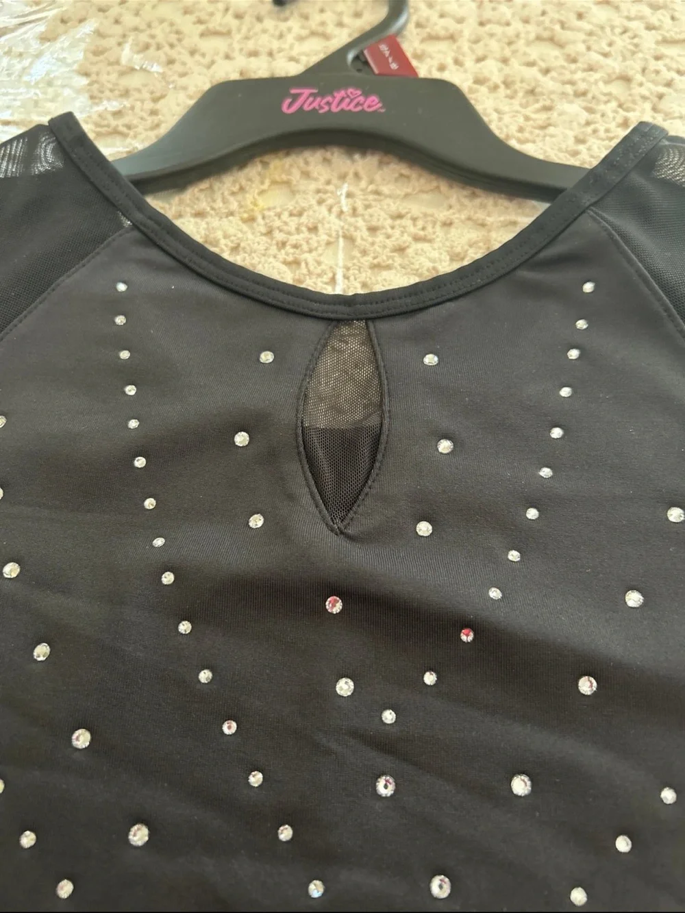 Justice Black Long-Sleeve One-Piece Leotard with Rhinestone Accents